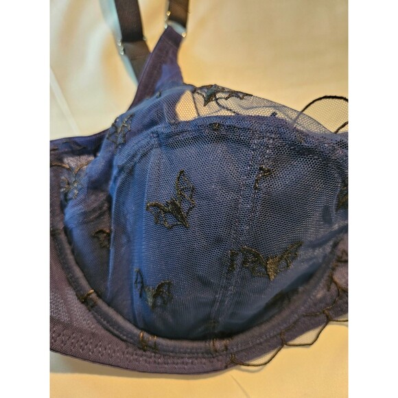 Adore Me Bra Womens 44D Black Bats on Blue Lace Mesh Balconette Underwire BAL - Picture 2 of 7